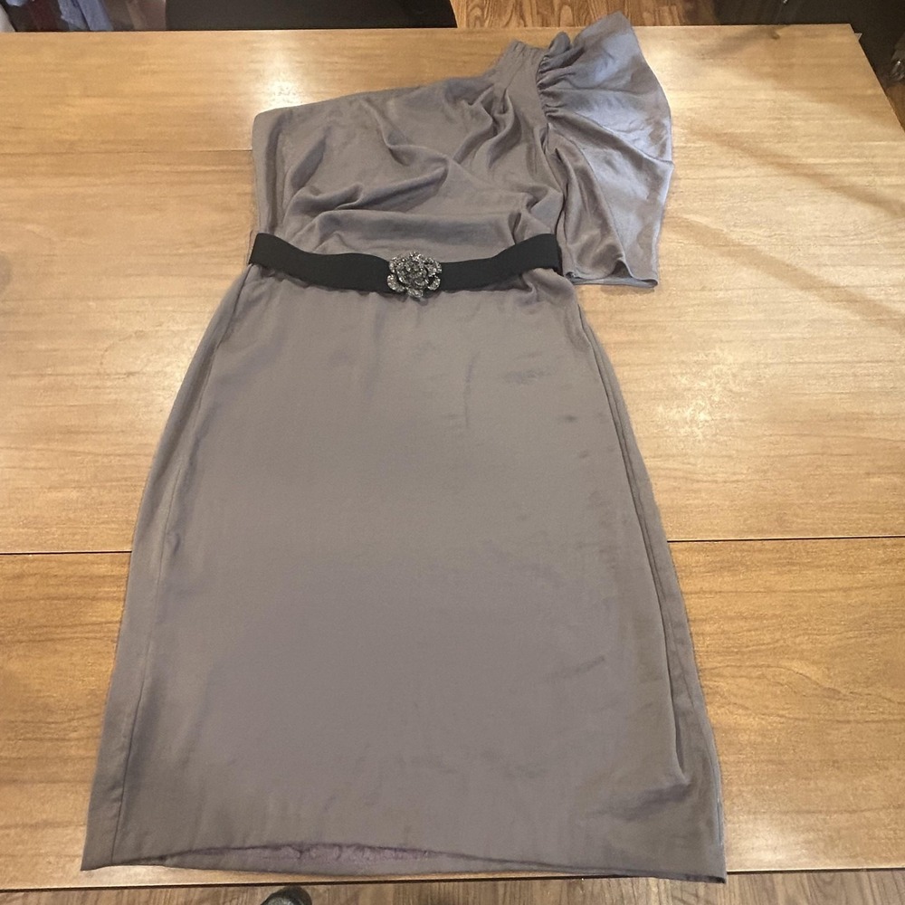 BCBGMAXAZRIA Dress Womens Small Gray One Shoulder Sheath Belted Rhinestone